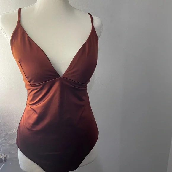 CALIA by Carrie Underwood Deep V-Neck Brown Swimsuit - Picture 2 of 8